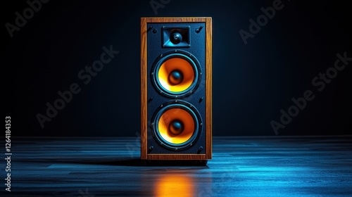 Wooden Speaker System With Two Orange Cones photo