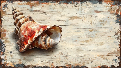 Close-up of a beautifully textured seashell resting on a weathered wooden surface