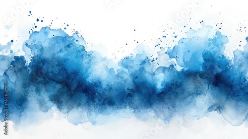 Abstract blue watercolor waves with splashes, creating a serene backdrop for artistic projects