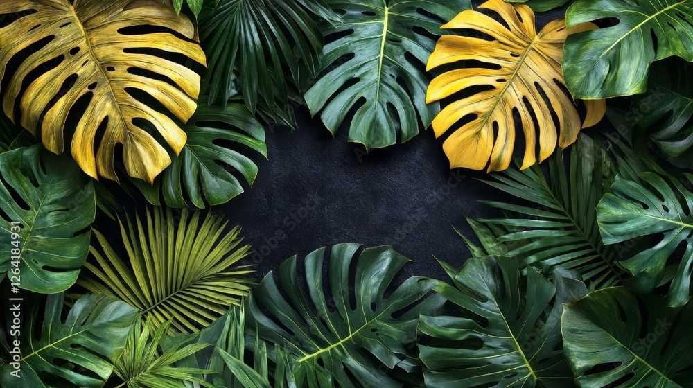 Fototapeta premium Luxuriant tropical leaves frame with a dark background ideal for presentations and designs with natural elegance and lush aesthetics
