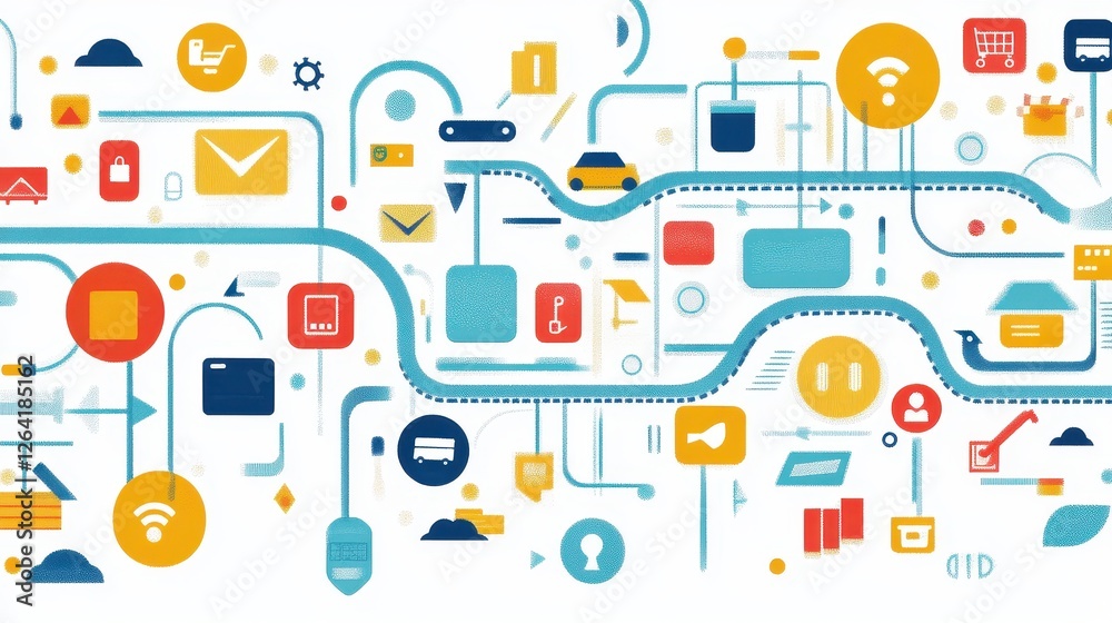 Digital payment icons flowing into delivery network, seamless transaction logistics. Digital payment icons flowing into delivery network, seamless transaction logistics.