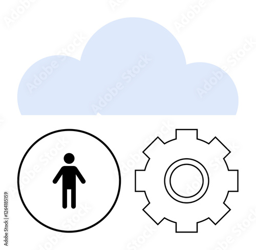 Blue cloud above human silhouette in a circle and gear. Ideal for cloud storage, teamwork, IT, system integration, innovation, workflow, data access, abstract line flat metaphor