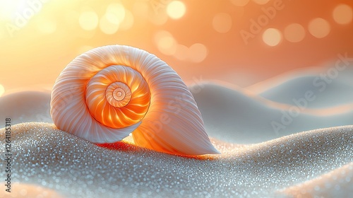 Close-up of a beautifully spiraled shell resting on soft sand with a glowing sunset backdrop