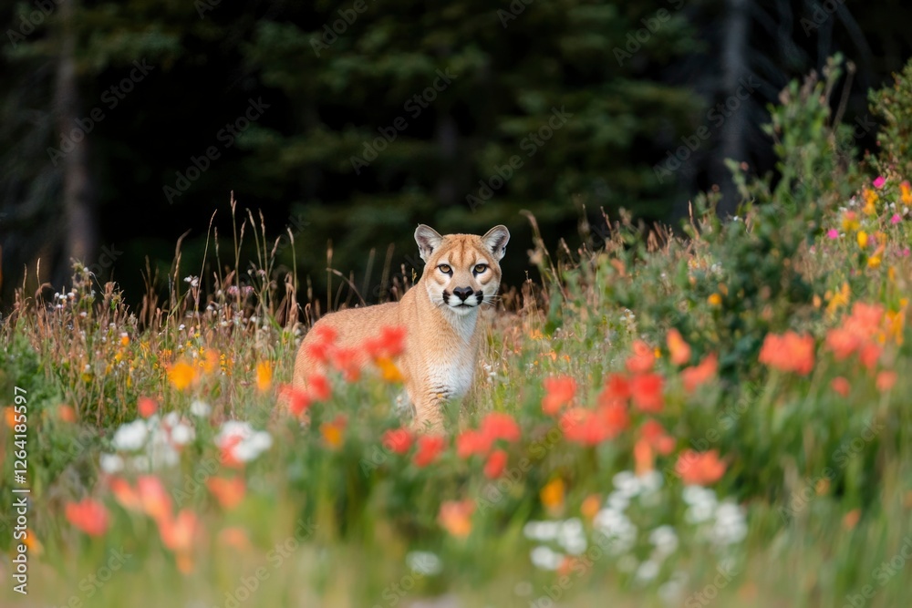 Fototapeta premium Cougar staring, in wildflowers meadow, forest backdrop, for wildlife conservation