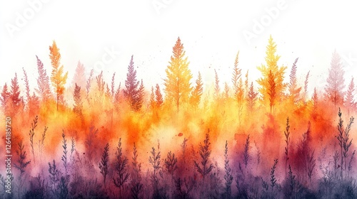 Vibrant watercolor landscape depicting a sunset over a forest with colorful foliage