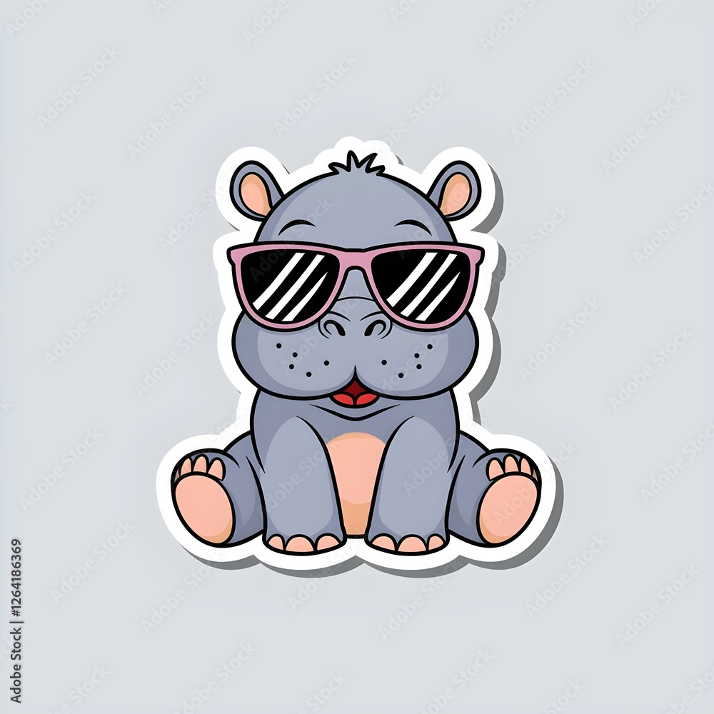 Fototapeta premium Cute Hippo Cartoon Sticker Wearing Pink Sunglasses