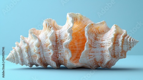 Close-up of a beautifully detailed seashell resting on a soft blue background, showcasing intricate patterns