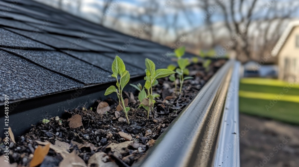 Closeup view of clogged house gutter