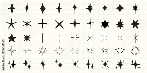 A collection of 36 black star icons on a grid. Various star shapes, sizes, and styles. Star icons for design, star patterns, and creative projects. Element vector set.