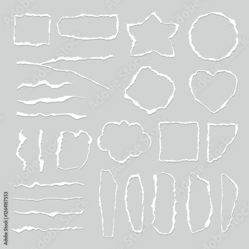 Set of torn paper shapes including stars, circles, and hearts. Torn paper edges create a textured look. Ideal for scrapbooking and creative projects. Paper outline, frame vector set.