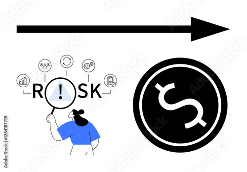 Person examining risk factors with magnifier, large arrow signaling progress, and dollar symbol. Ideal for risk assessment, financial planning, business strategy, decision-making, economics