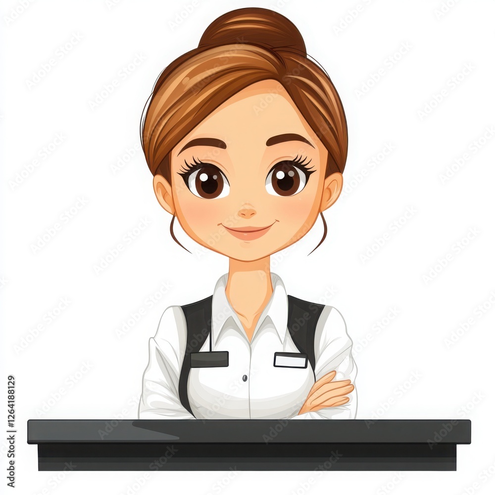 A cheerful young woman in a professional outfit stands confidently at a reception desk. She embodies friendliness and professionalism, ready to assist guests with a smile. A cheerful young woman in a professional outfit stands confidently at a reception desk. She embodies friendliness and professionalism, ready to assist guests with a smile.