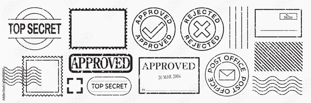 Obraz premium Collection of postal stamps featuring 'Approved', 'Rejected', 'Top Secret'. Various shapes include circles, rectangles, and postal marks. Black stamps, vector set.