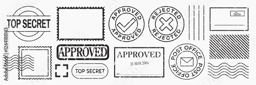 Collection of postal stamps featuring 'Approved', 'Rejected', 'Top Secret'. Various shapes include circles, rectangles, and postal marks. Black stamps, vector set.
