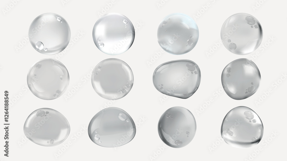 Twelve clear water droplets on a white background. Water droplets vary in shape and size. Clear droplets create a refreshing, clean look. Water droplets are glossy. Soap bubble element vector set. Twelve clear water droplets on a white background. Water droplets vary in shape and size. Clear droplets create a refreshing, clean look. Water droplets are glossy. Soap bubble element vector set.