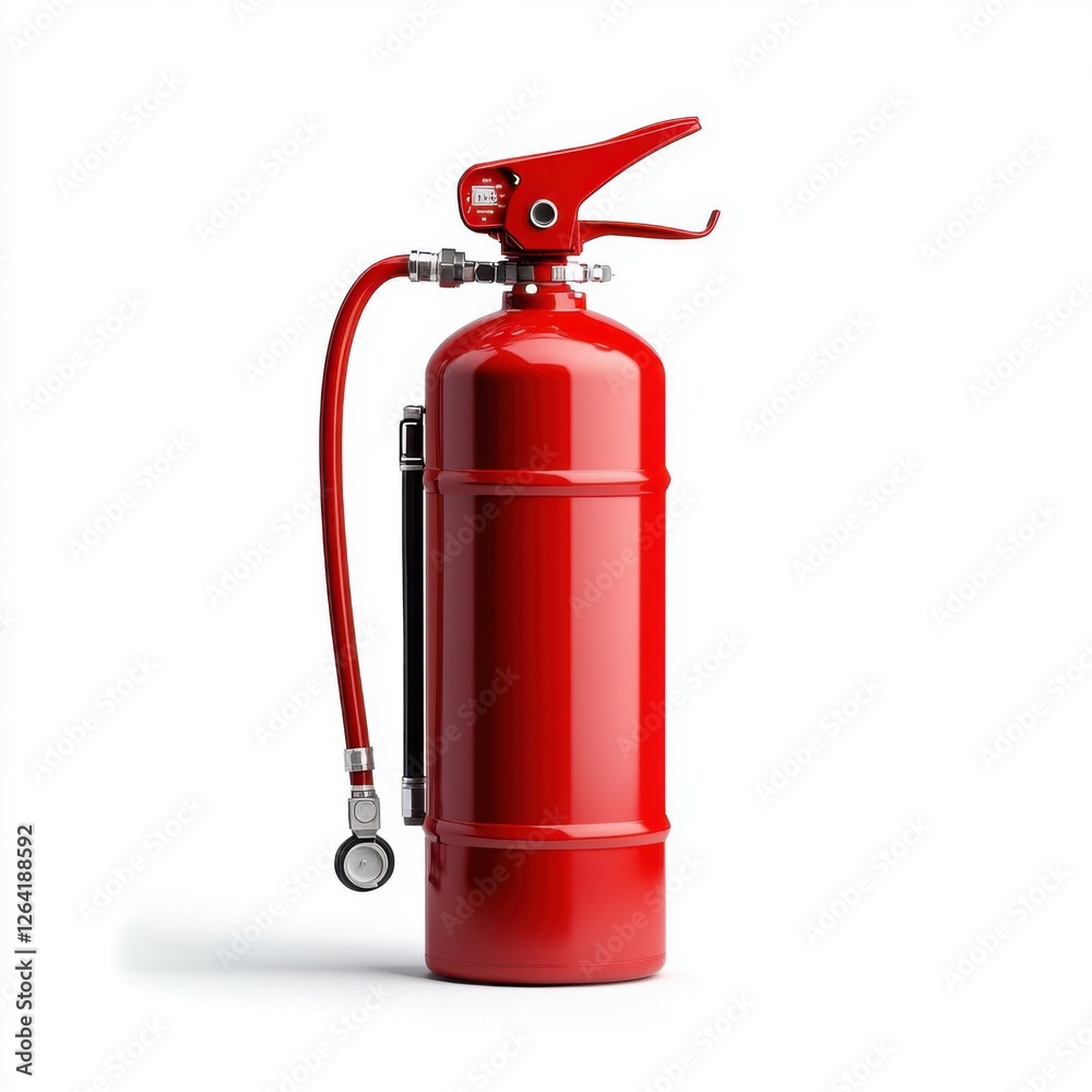 Obraz premium Bright Red Fire Extinguisher Standing Upright with Hose and Nozzle for Safety and Emergency Preparedness