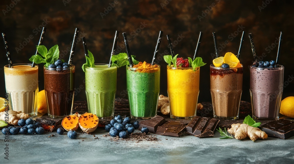 Colorful fruit smoothies, healthy drinks, kitchen table, dark background, food photography Colorful fruit smoothies, healthy drinks, kitchen table, dark background, food photography