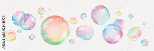 Colorful soap bubbles float on a white background. Bubbles of various sizes create a playful, dreamy effect. Rainbow hues make the bubbles vibrant and lively. Soap bubble element vector set.