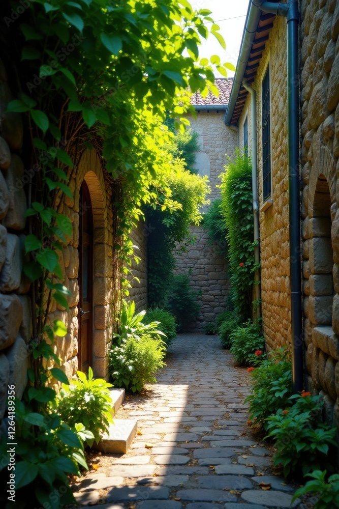 Fototapeta premium Secluded alleyway with rugged stone wall covered in vines, modern, industrial