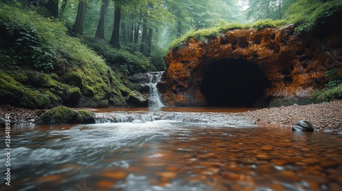 Serene forest scene with flowing water and cave entrance, surrounded by lush greenery and mist