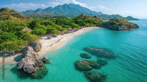 Serene tropical beach with crystal clear waters, lush greenery, and distant mountains under a bright sky
