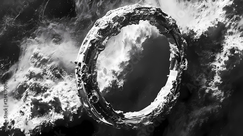 Fototapeta Naklejka Na Ścianę i Meble -  Planet backdrop highlighting futuristic ring shaped space station design image. Cosmic Shipwrecks. Illustration