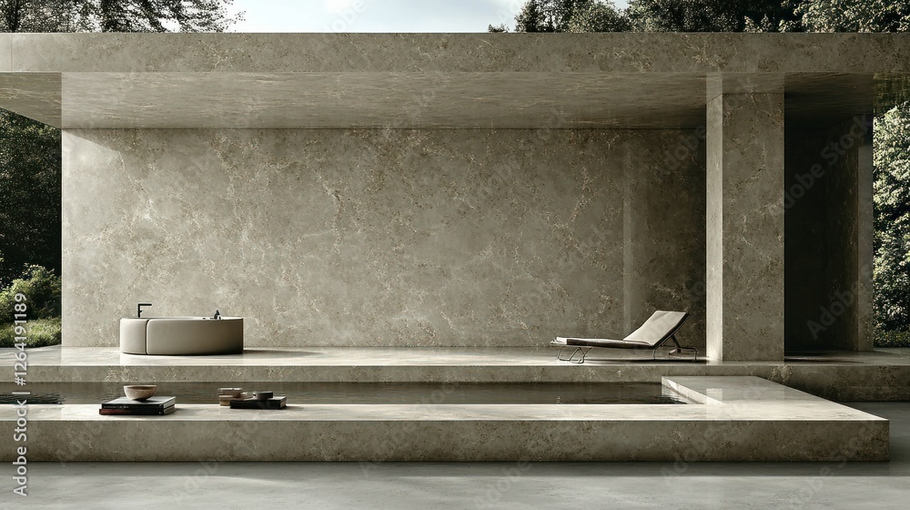 Serene Minimalist Oasis: Architectural Design with Beige Stone Serene Minimalist Oasis: Architectural Design with Beige Stone