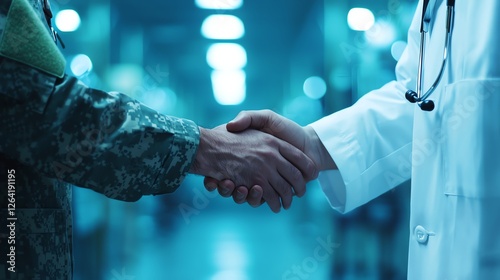 A military service member and doctor share a handshake, symbolizing cooperation and support for veterans in healthcare.