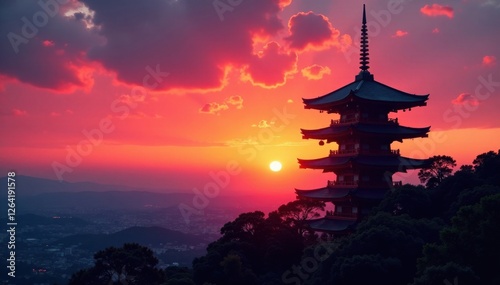 Serene pagoda silhouette against a vibrant orange and pink sky at sunset, pagoda sunset, sunset hues, peaceful atmosphere