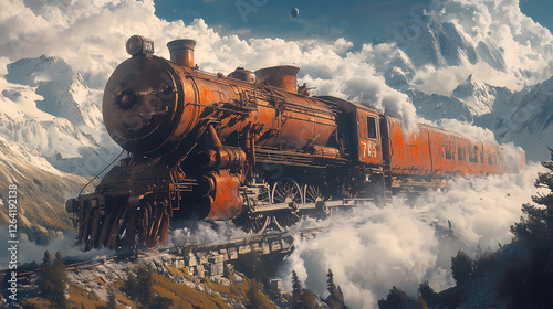 Surreal steam locomotive: rusty giant in a dreamlike landscape. Cosmic Shipwrecks. Illustration