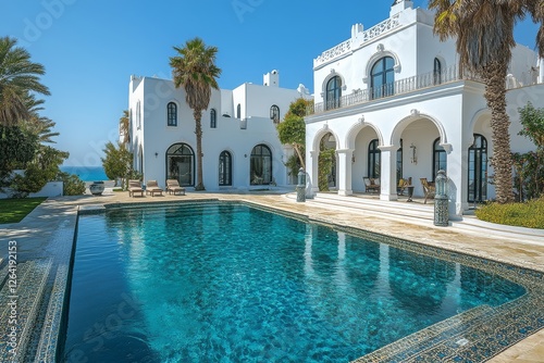 Elegant White Villa with Swimming Pool in Tunis, Tunisia. Artistic Impression Featuring Professional Color Grading and Composition.