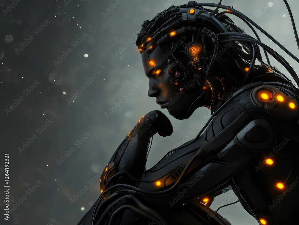 Generative AI futuristic illustration of side view of pensive cyborg character with illuminated dots and wires with cables looking away against dark - ai Generative AI futuristic illustration of side view of pensive cyborg character with illuminated dots and wires with cables looking away against dark - ai