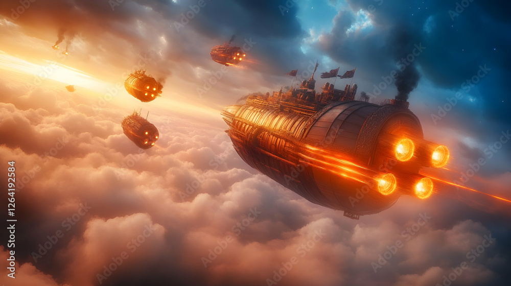 Futuristic spaceship traveling through clouds, showcasing advanced design and vibrant energy effects.