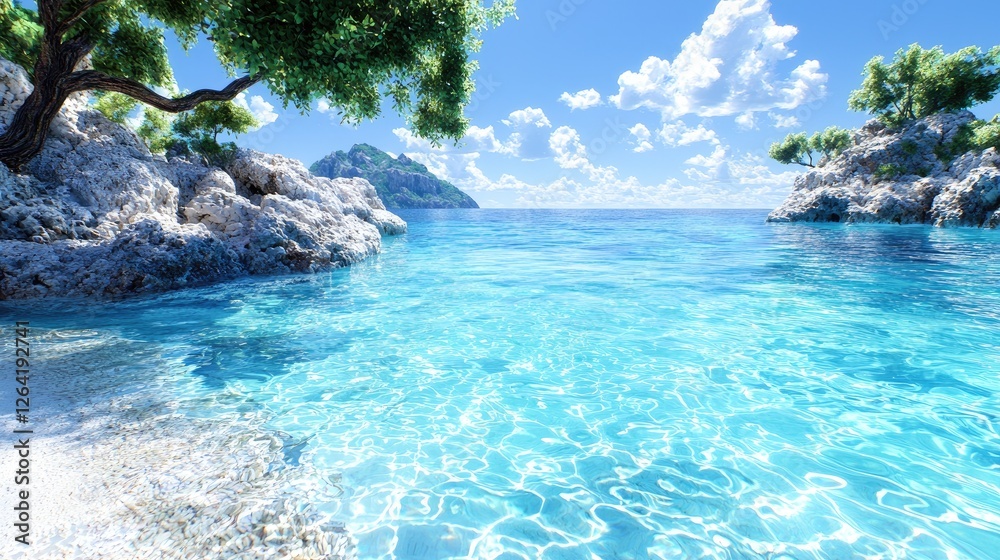 Tranquil cove, clear turquoise water, sunny sky, island backdrop, idyllic vacation scene Tranquil cove, clear turquoise water, sunny sky, island backdrop, idyllic vacation scene