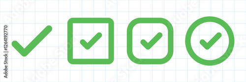 Set of green and blue checkmark icons in various shapes: square, circle, shield, and starburst. Checkmark icons for approval, validation, and confirmation. Vector element set.