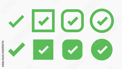 Set of green check marks in various shapes: square, circle, rounded square. Green check marks for approval, confirmation, validation. Simple, clean design. Vector element set.