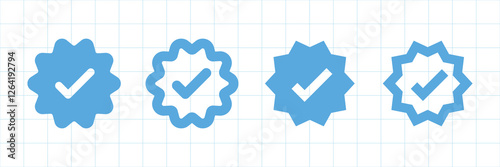 Four blue checkmark icons on a grid background. Each checkmark is inside a starburst shape. Blue checkmarks signify approval. Blue icons on grid. Vector element set.
