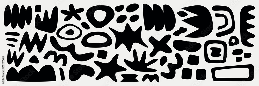 Abstract black shapes on a white background. Various abstract forms, abstract patterns, and abstract designs create a dynamic abstract composition. Black and white vector set. Abstract black shapes on a white background. Various abstract forms, abstract patterns, and abstract designs create a dynamic abstract composition. Black and white vector set.