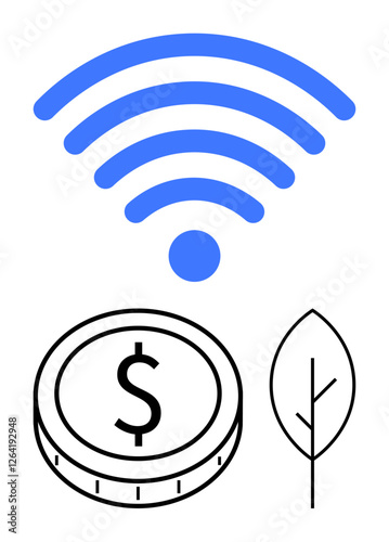 Blue wireless signal with coin and leaf icons representing technology, economy, and eco-friendliness. Ideal for tech innovation, sustainable finance, connectivity, fintech, green energy, economic
