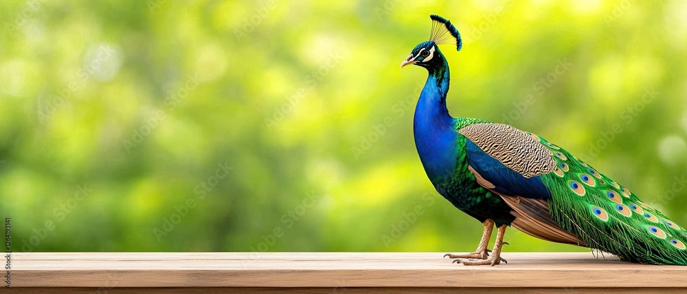 A vibrant peacock stands gracefully on a wooden surface, showcasing its colorful plumage against a blurred green background. A vibrant peacock stands gracefully on a wooden surface, showcasing its colorful plumage against a blurred green background.