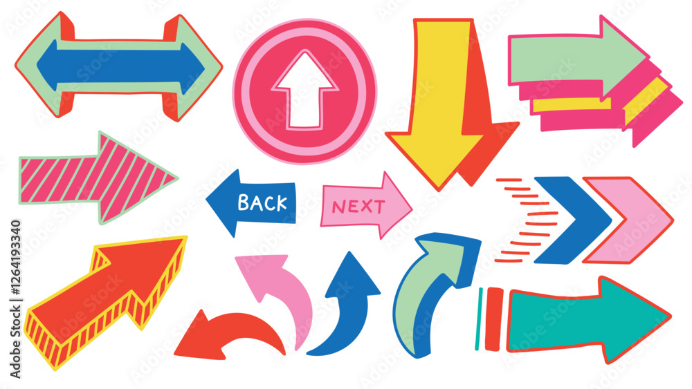 Colorful arrows in various directions and styles. Arrows pointing up, down, left, and right. Bright, vibrant arrows with different shapes and colors. Colorful elements vector set. Colorful arrows in various directions and styles. Arrows pointing up, down, left, and right. Bright, vibrant arrows with different shapes and colors. Colorful elements vector set.