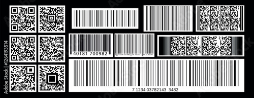 Collection of various barcodes and QR codes on a black background. Includes QR codes, barcodes, and data matrix codes. Ideal for technology and scanning themes. Electronic payment elements, vector set