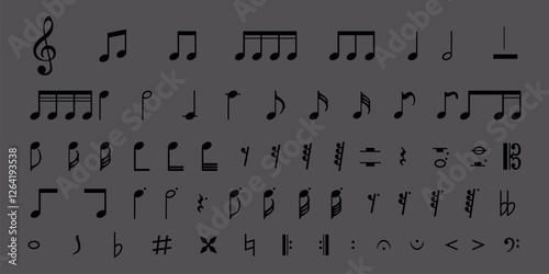 A collection of musical notes and symbols on a dark background. Includes treble clef, notes, and rests. Perfect for music, notes, and symbol designs. Music elements, vector set.