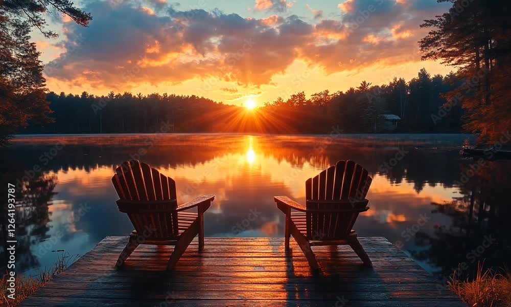 Serene lakeside sunset with two chairs overlooking calm waters and vibrant clouds in the background Serene lakeside sunset with two chairs overlooking calm waters and vibrant clouds in the background