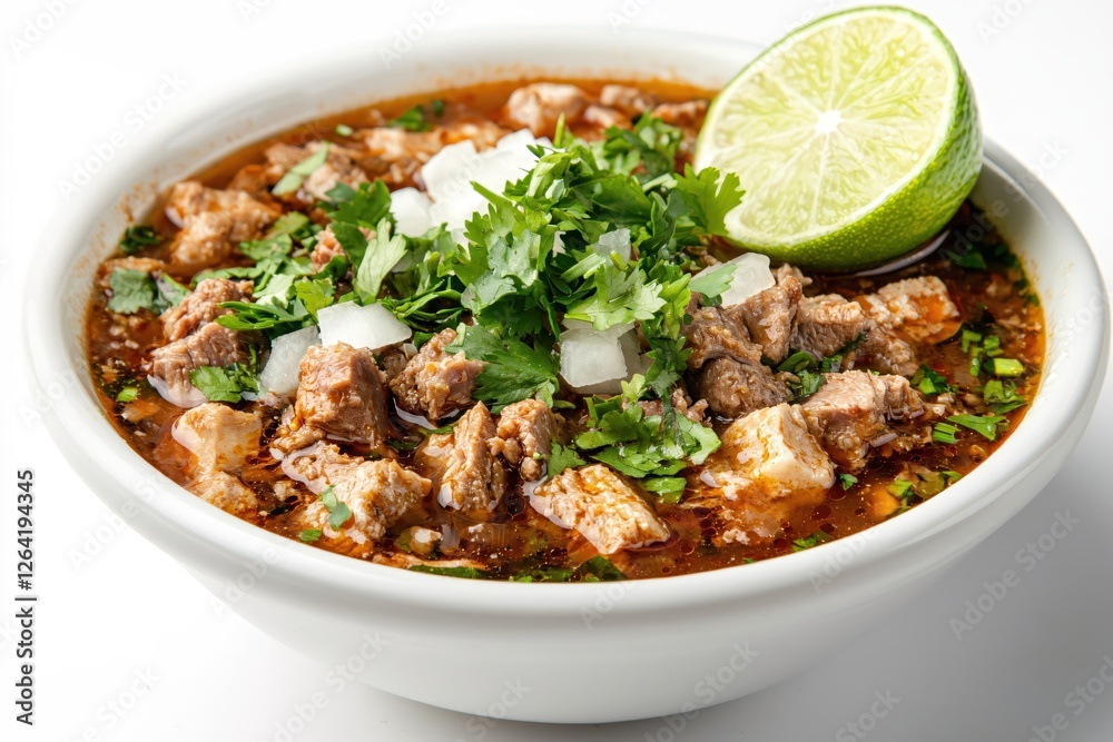 Hearty beef stew in white bowl with fresh cilantro and lime garnish on clean background Hearty beef stew in white bowl with fresh cilantro and lime garnish on clean background