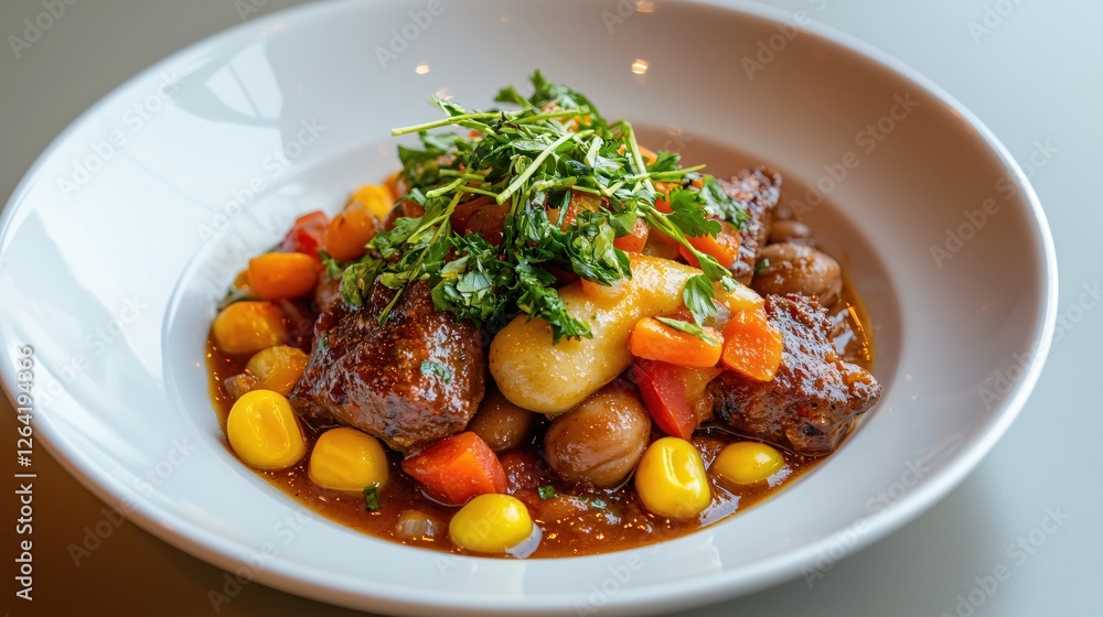 Hearty beef stew served in elegant white bowl with colorful vegetables and fresh herbs Hearty beef stew served in elegant white bowl with colorful vegetables and fresh herbs