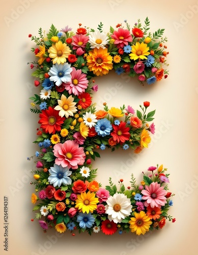 letter, E, floral, flowers, vibrant, colorful, artistic, elegant, design, organic, natural, red, yellow, pink, blue, white, blooms, green, leaves, accents, beige, background, soft, texture, warm, 
