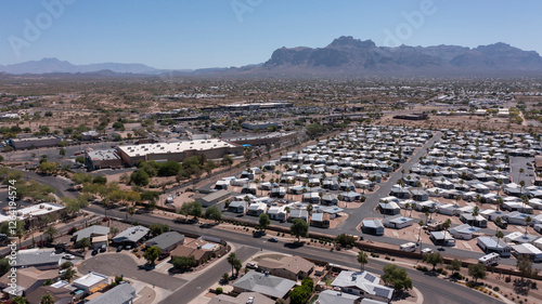 Afternoon aerial view of housing in Apache Junction, Arizona, USA.