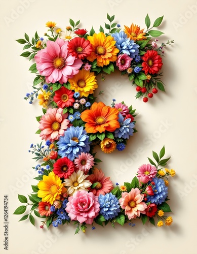 letter, E, floral, flowers, vibrant, colorful, artistic, elegant, design, organic, natural, red, yellow, pink, blue, white, blooms, green, leaves, accents, beige, background, soft, texture, warm, 