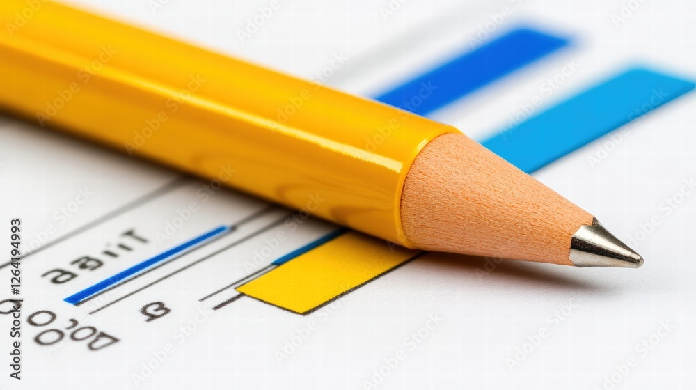 Yellow Pencil on Chart with Colorful Bars and Statistical Data Yellow Pencil on Chart with Colorful Bars and Statistical Data